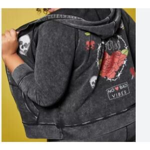 Torrid Lovesick Black Wash Terry 'No Bad Vibes' Zip Up Hoodie sz 3X